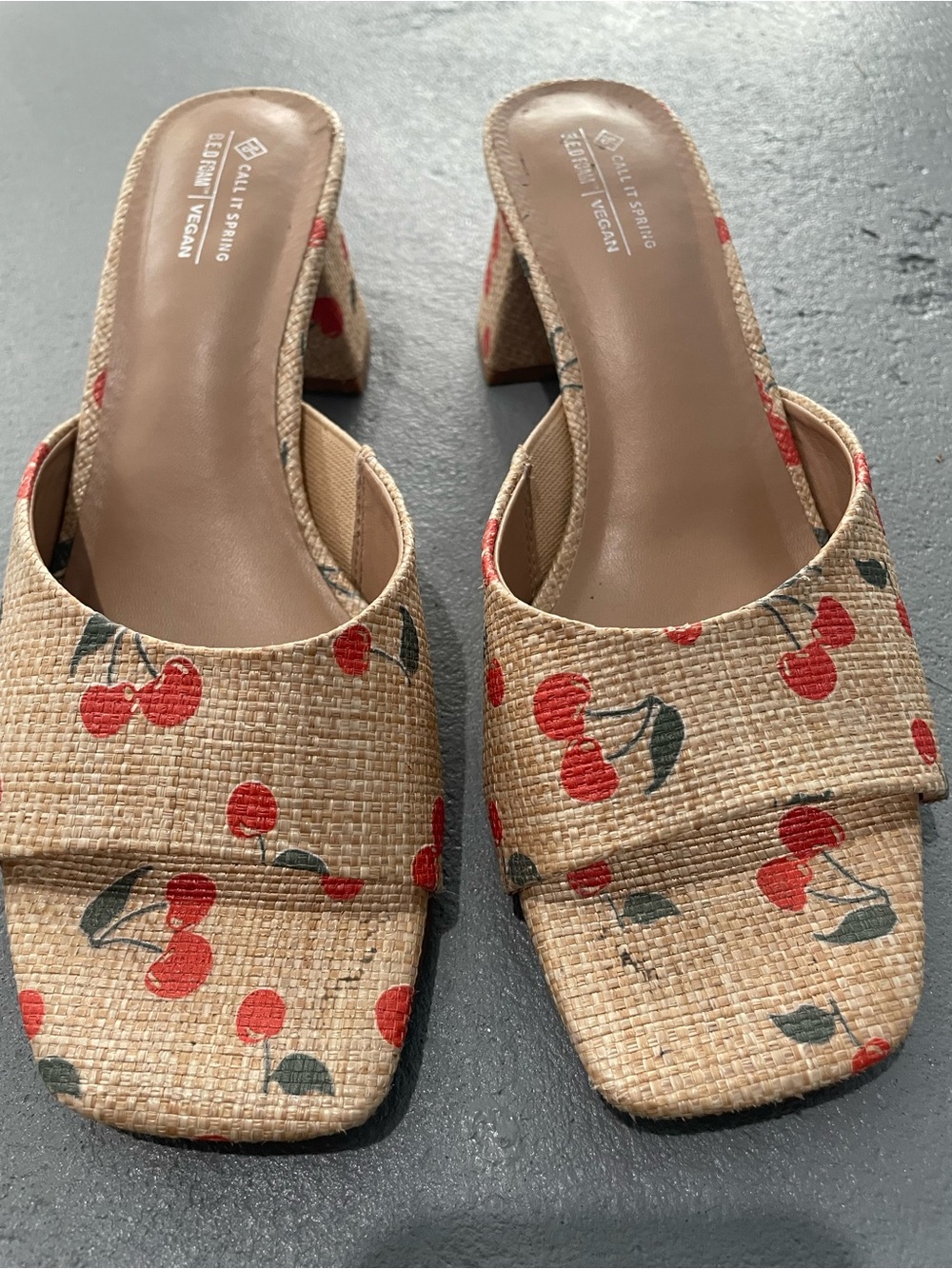 Call It Spring Tan Woven Slide Sandals with Red Cherry Print